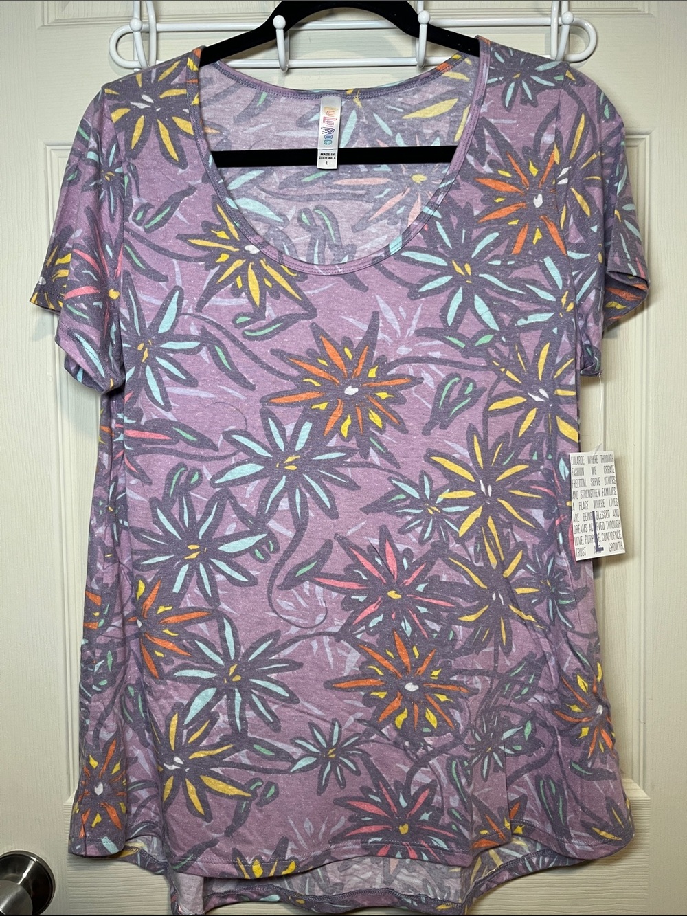 LuLaRoe Purple Floral Scoop Neck Tee with Multicolor Blooms